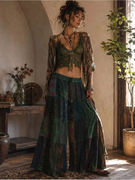 Young Threads Pants - NWT Young Threads Bohemian Patchwork Maxi Pants Floral Green and Black